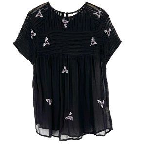 Let It Be Size Small Embroidered Floral Top Sheer Black Blouse Babydoll